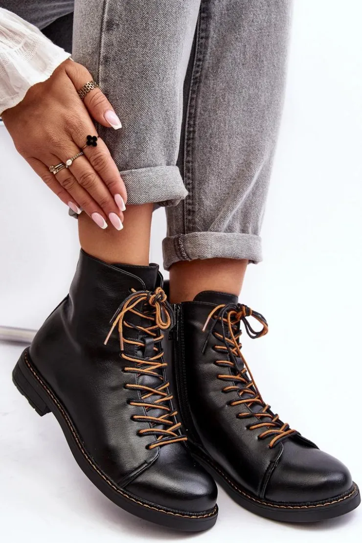 Buty damskie Vinceza Czarne Botki|Botki Płaskie*Skórzane Botki Trzewiki Damskie Czarne Ethel