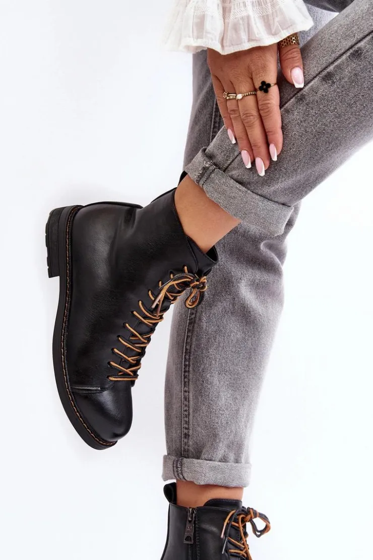 Buty damskie Vinceza Czarne Botki|Botki Płaskie*Skórzane Botki Trzewiki Damskie Czarne Ethel