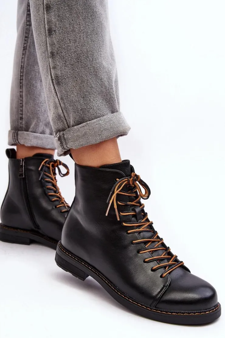 Buty damskie Vinceza Czarne Botki|Botki Płaskie*Skórzane Botki Trzewiki Damskie Czarne Ethel