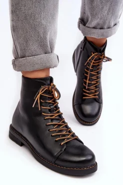 Buty damskie Vinceza Czarne Botki|Botki Płaskie*Skórzane Botki Trzewiki Damskie Czarne Ethel