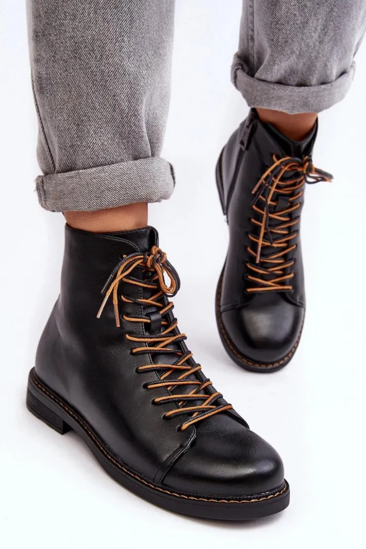 Buty damskie Vinceza Czarne Botki|Botki Płaskie*Skórzane Botki Trzewiki Damskie Czarne Ethel