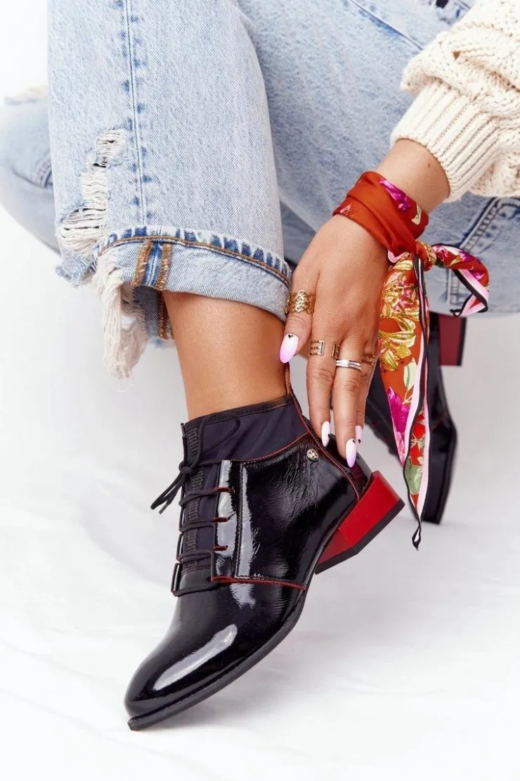 Damskie Maciejka Skórzane Botki Trzewiki 04744-16 Czarno-Czerwone