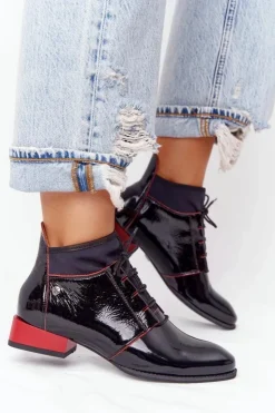 Damskie Maciejka Skórzane Botki Trzewiki 04744-16 Czarno-Czerwone