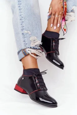 Damskie Maciejka Skórzane Botki Trzewiki 04744-16 Czarno-Czerwone