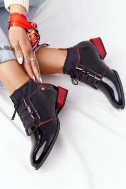 Damskie Maciejka Skórzane Botki Trzewiki 04744-16 Czarno-Czerwone