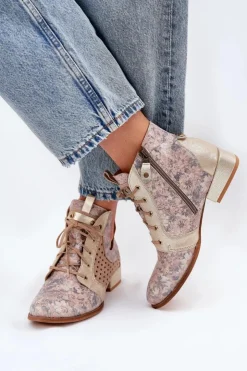Damskie Maciejka Skórzane Botki Trzewiki 05541-04 Beżowo-Złote