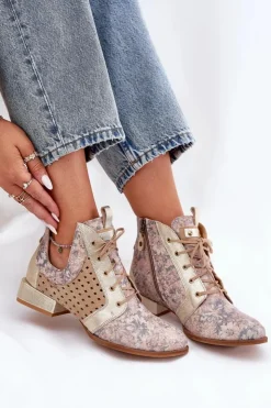Damskie Maciejka Skórzane Botki Trzewiki 05541-04 Beżowo-Złote