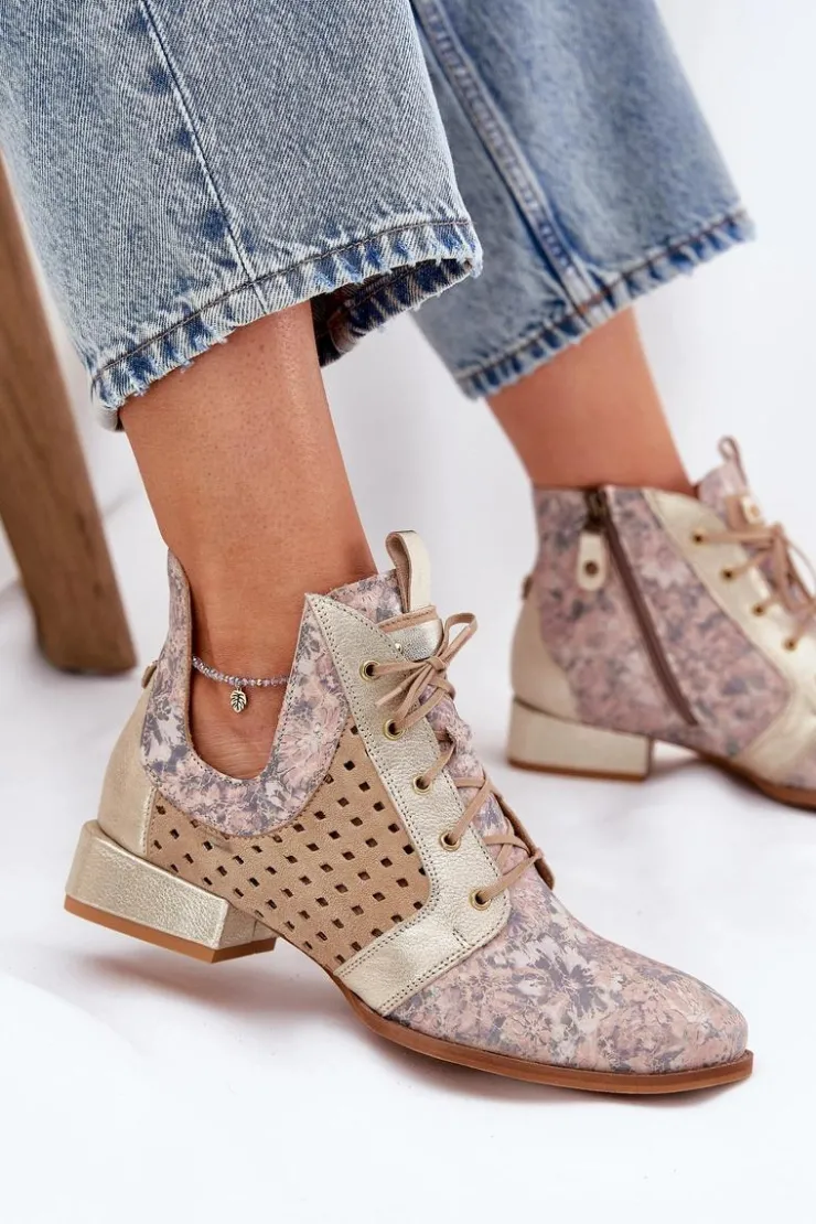 Damskie Maciejka Skórzane Botki Trzewiki 05541-04 Beżowo-Złote