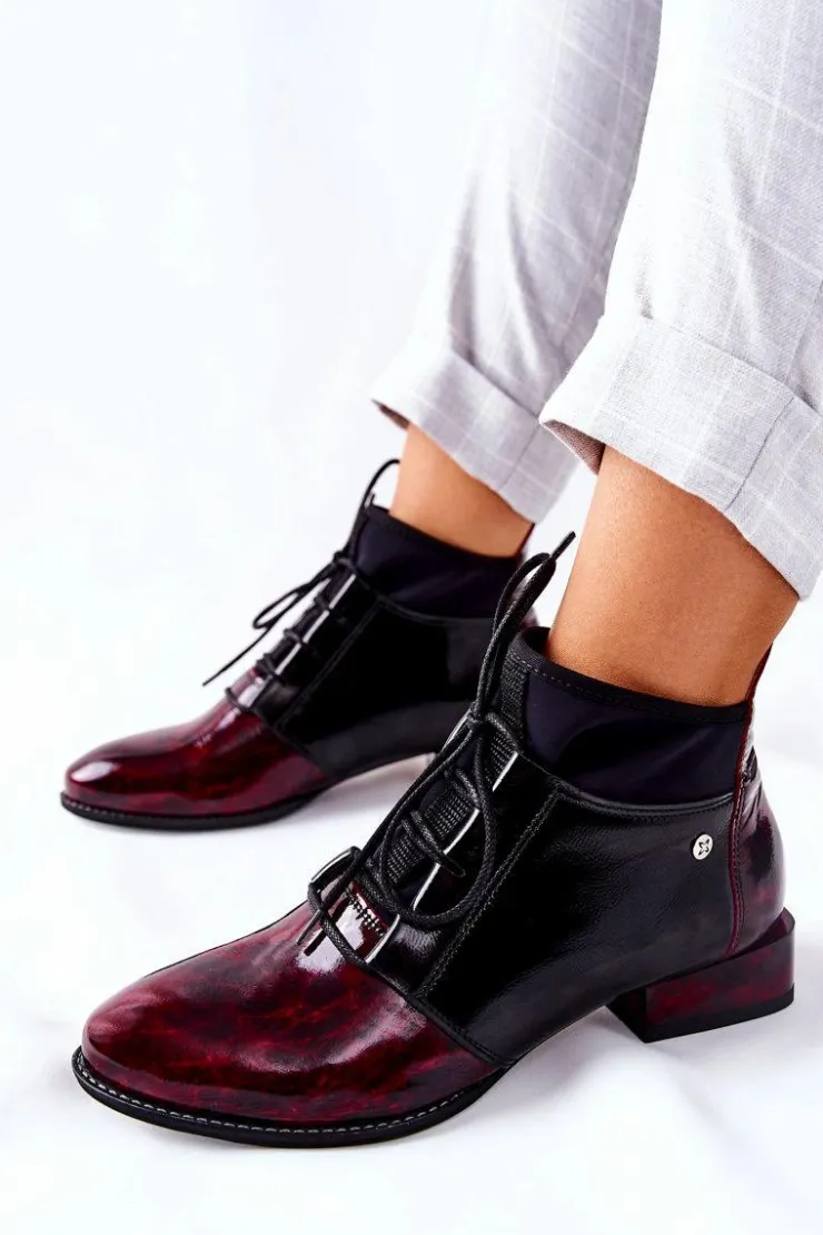 Clearance Maciejka Skórzane Botki Trzewiki Marmurki Bordowe 04744-29