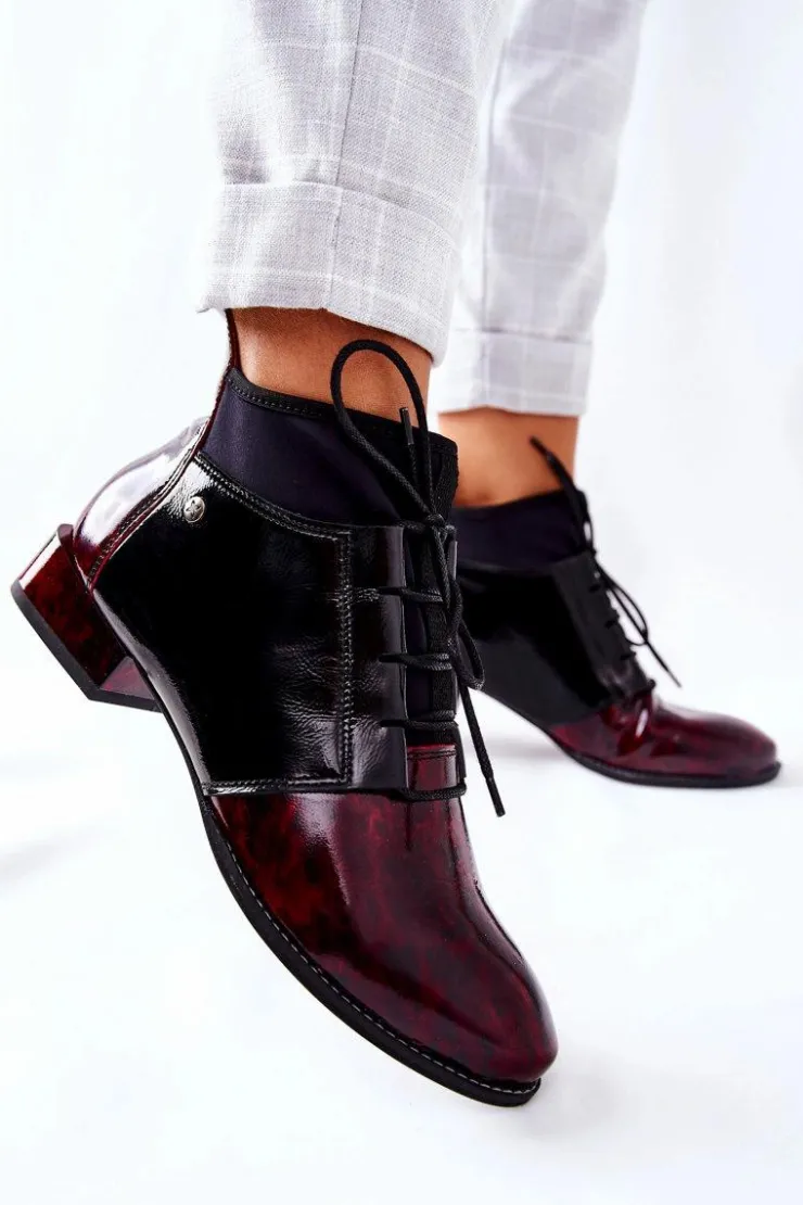 Clearance Maciejka Skórzane Botki Trzewiki Marmurki Bordowe 04744-29