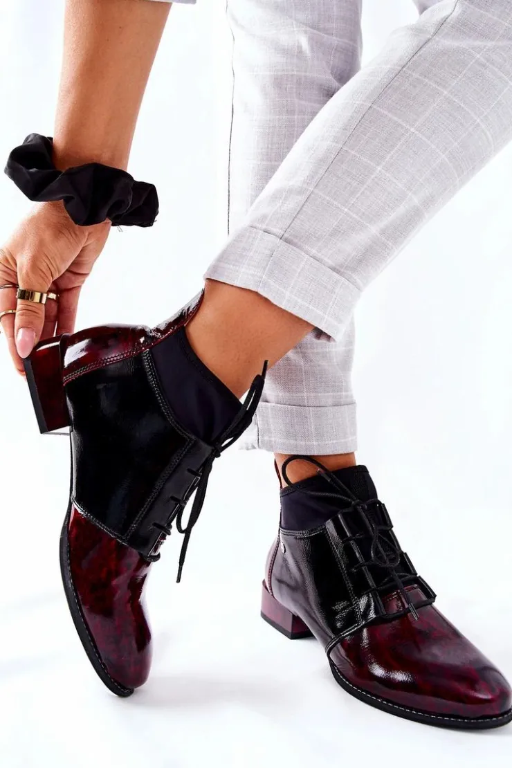 Clearance Maciejka Skórzane Botki Trzewiki Marmurki Bordowe 04744-29