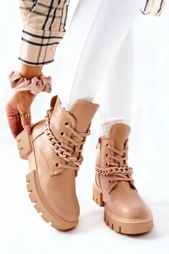 New Boto Skórzane Botki Workery Beżowe Izzy