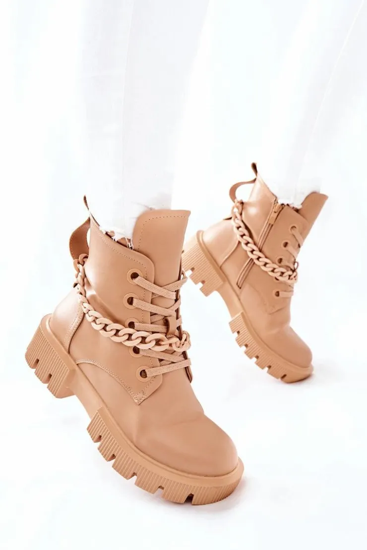 New Boto Skórzane Botki Workery Beżowe Izzy