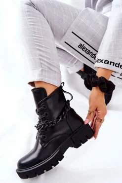 Boto Damskie Trapery|Botki Sznurowane*Skórzane Botki Workery Czarne Izzy
