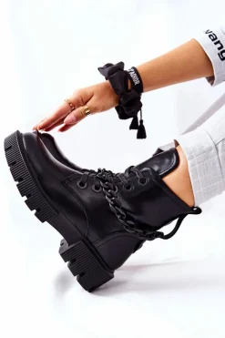 Boto Damskie Trapery|Botki Sznurowane*Skórzane Botki Workery Czarne Izzy