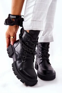 Boto Damskie Trapery|Botki Sznurowane*Skórzane Botki Workery Czarne Izzy