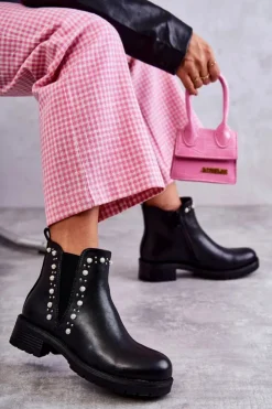 Outlet Boto Skórzane Botki Workery Czarne Ferra