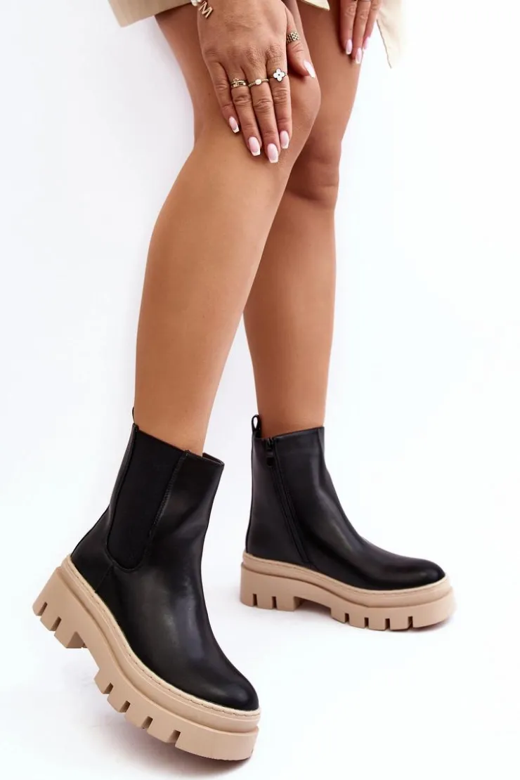 Buty damskie Vinceza Brązowe I Beżowe Botki|Botki Płaskie*Skórzane Botki Workery Czarno-Beżowe Loretta