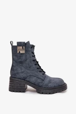 Artiker Botki Ocieplane|Botki Skórzane*Skórzane Botki Workery Damskie Na Klocku Z Ozdobnym Detalem 57C0212 e Niebieski