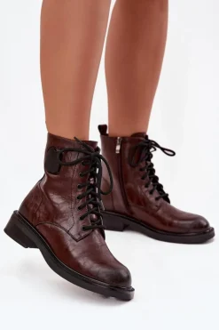 Sale Maciejka Skórzane Botki Workery Damskie Z Ozdobnym Detalem K7180-01 Brązowe Brązowy