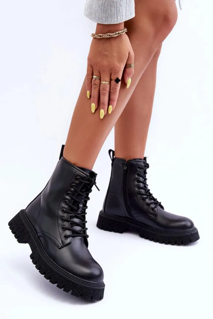 Sale Boto Skórzane Botki Workery Damskie Czarne Poonah