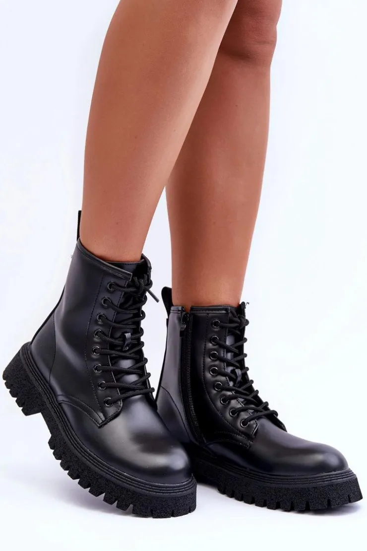 Sale Boto Skórzane Botki Workery Damskie Czarne Poonah