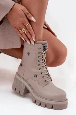 Artiker Botki Ocieplane|Botki Skórzane*Skórzane Botki Workery Damskie Na Klocku Z Przypinkami 57C0181 Beżowe