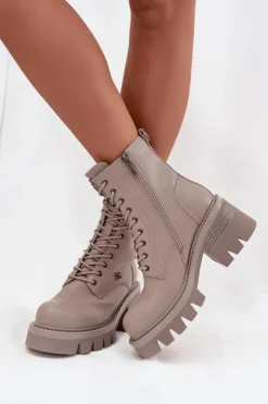 Artiker Botki Ocieplane|Botki Skórzane*Skórzane Botki Workery Damskie Na Klocku Z Przypinkami 57C0181 Beżowe