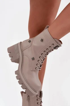 Artiker Botki Ocieplane|Botki Skórzane*Skórzane Botki Workery Damskie Na Klocku Z Przypinkami 57C0181 Beżowe