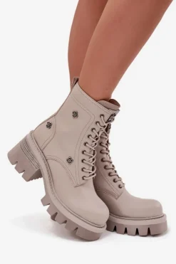 Artiker Botki Ocieplane|Botki Skórzane*Skórzane Botki Workery Damskie Na Klocku Z Przypinkami 57C0181 Beżowe