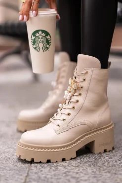 Damskie CheBello Skórzane Botki Workery Damskie Z Motylem Beżowe 4590