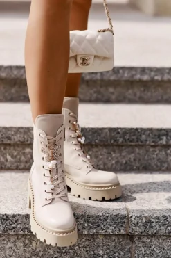 Damskie CheBello Skórzane Botki Workery Damskie Z Motylem Beżowe 4590