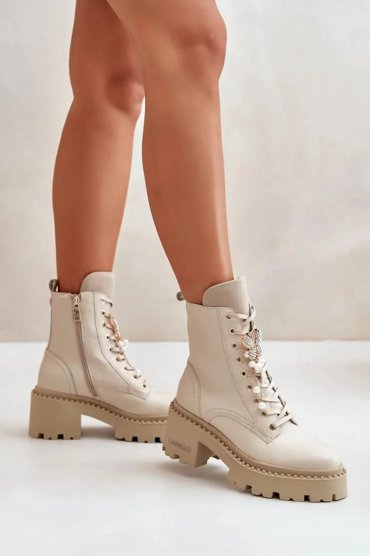 Damskie CheBello Skórzane Botki Workery Damskie Z Motylem Beżowe 4590