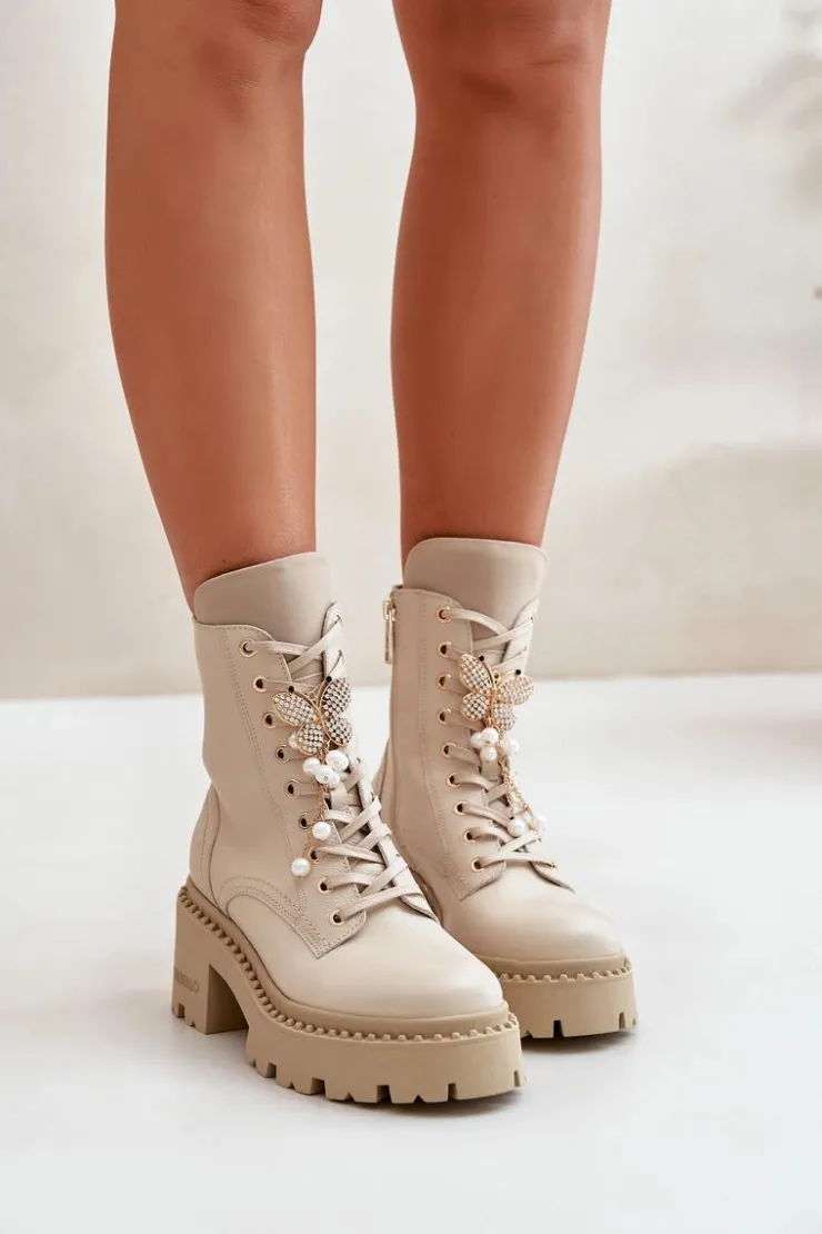 Damskie CheBello Skórzane Botki Workery Damskie Z Motylem Beżowe 4590