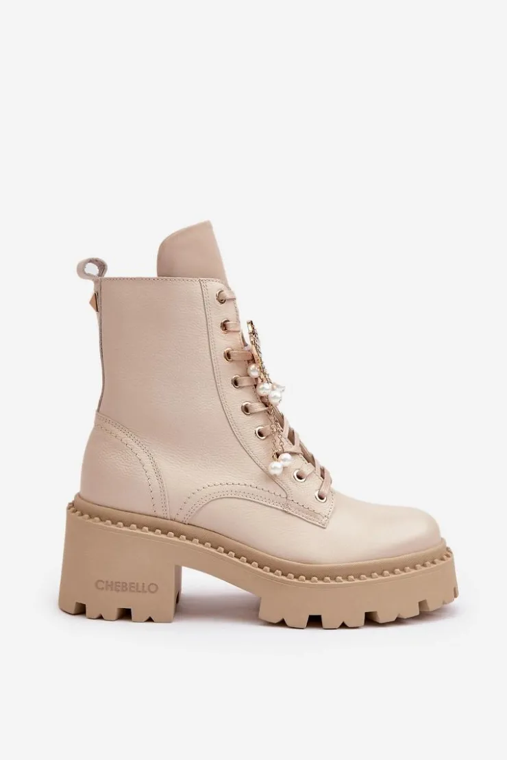 Damskie CheBello Skórzane Botki Workery Damskie Z Motylem Beżowe 4590