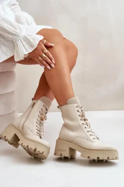 Damskie CheBello Skórzane Botki Workery Damskie Z Motylem Beżowe 4590