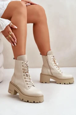 Damskie CheBello Skórzane Botki Workery Damskie Z Motylem Beżowe 4590