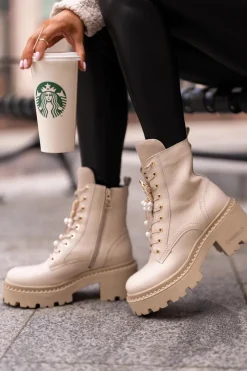 Damskie CheBello Skórzane Botki Workery Damskie Z Motylem Beżowe 4590