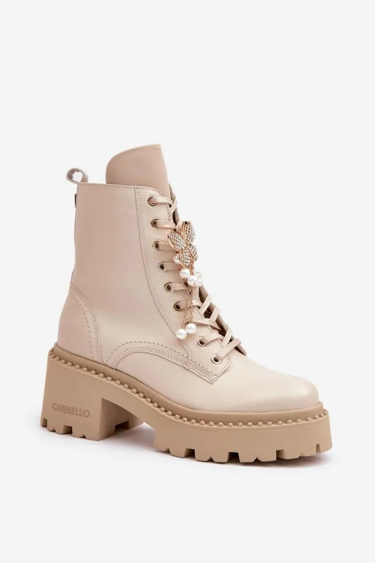 Damskie CheBello Skórzane Botki Workery Damskie Z Motylem Beżowe 4590