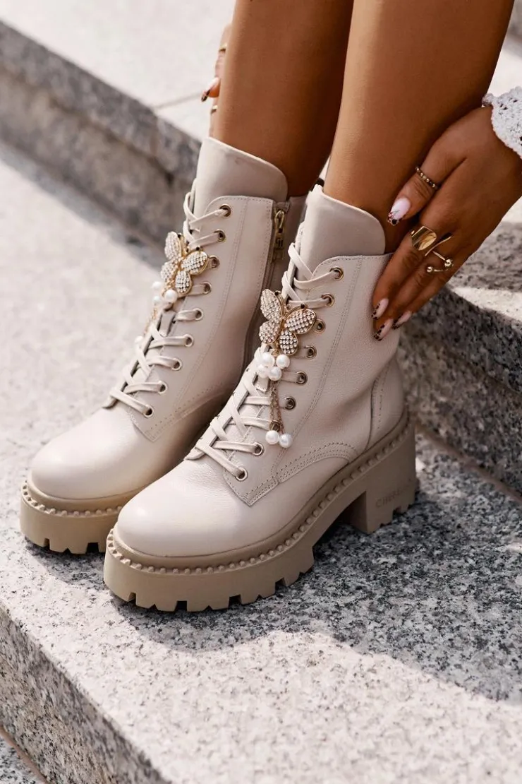 Damskie CheBello Skórzane Botki Workery Damskie Z Motylem Beżowe 4590