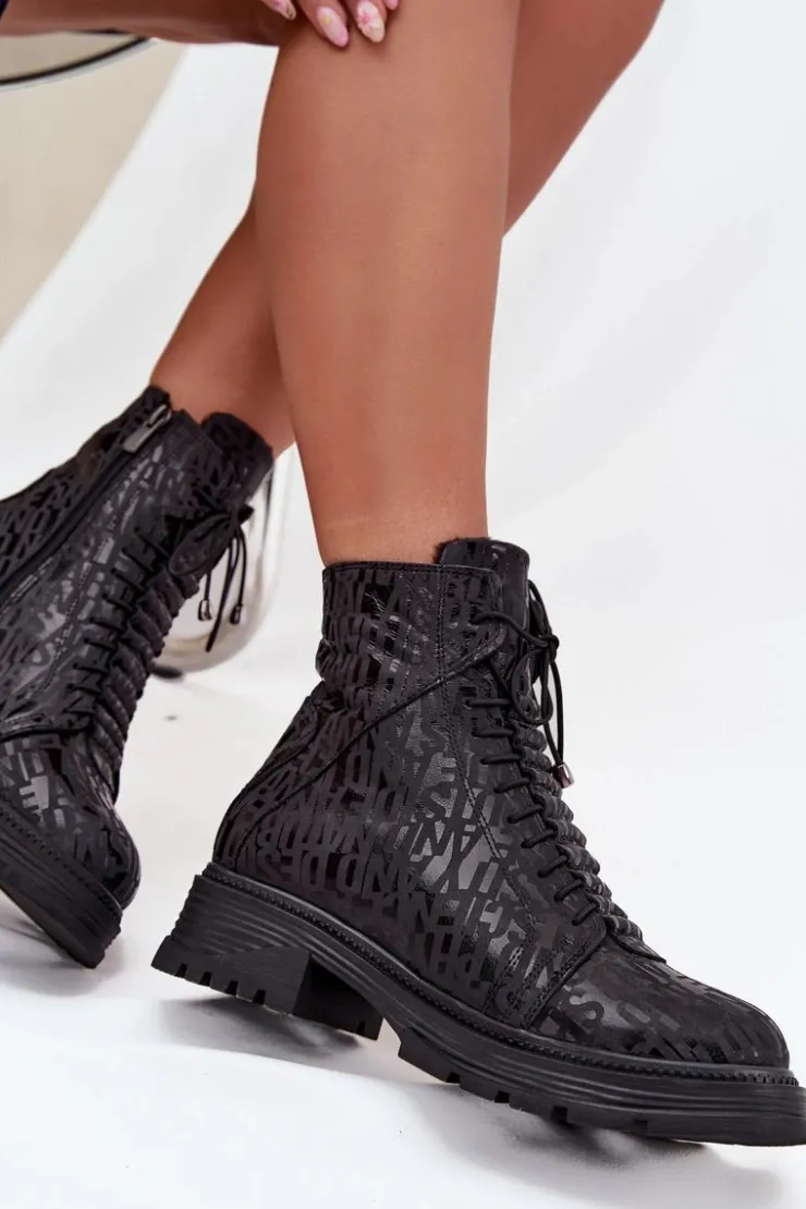 Damskie Artiker Skórzane Botki Workery Damskie Ocieplane Na Zamek 57C2257 Czarne