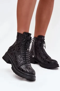 Damskie Artiker Skórzane Botki Workery Damskie Ocieplane Na Zamek 57C2257 Czarne