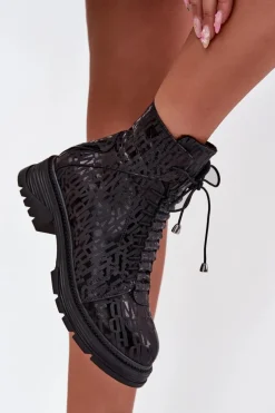 Damskie Artiker Skórzane Botki Workery Damskie Ocieplane Na Zamek 57C2257 Czarne