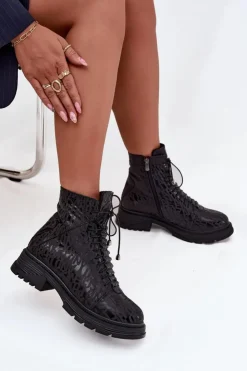 Damskie Artiker Skórzane Botki Workery Damskie Ocieplane Na Zamek 57C2257 Czarne