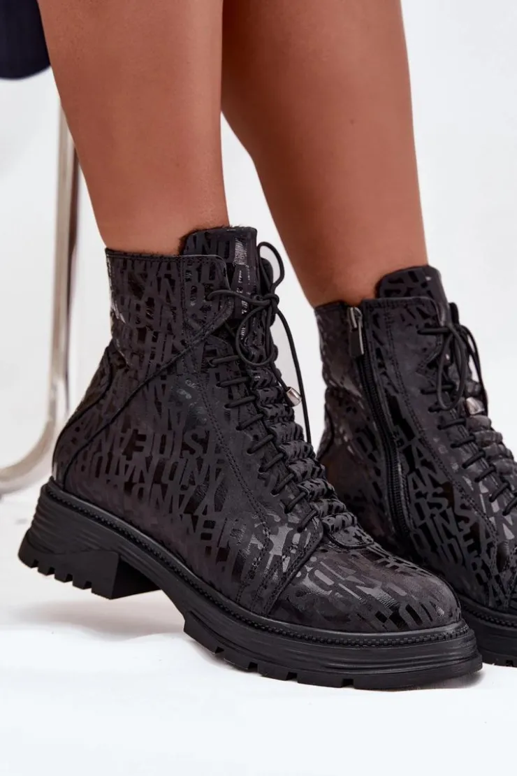 Damskie Artiker Skórzane Botki Workery Damskie Ocieplane Na Zamek 57C2257 Czarne