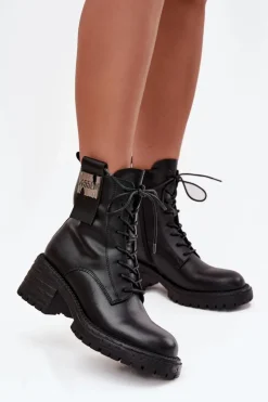 Discount Artiker Skórzane Botki Workery Damskie Na Klocku Z Ozdobnym Detalem 57C0214 Czarne Czarny