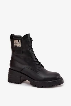 Discount Artiker Skórzane Botki Workery Damskie Na Klocku Z Ozdobnym Detalem 57C0214 Czarne Czarny