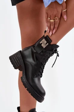 Discount Artiker Skórzane Botki Workery Damskie Na Klocku Z Ozdobnym Detalem 57C0214 Czarne Czarny