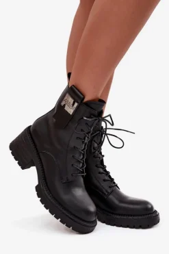 Discount Artiker Skórzane Botki Workery Damskie Na Klocku Z Ozdobnym Detalem 57C0214 Czarne Czarny