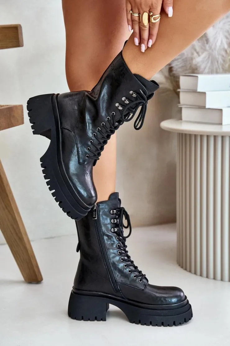 GOE Botki Ocieplane|Czarne Botki*Skórzane Botki Workery Damskie Ocieplane OO2N4121 Czarne